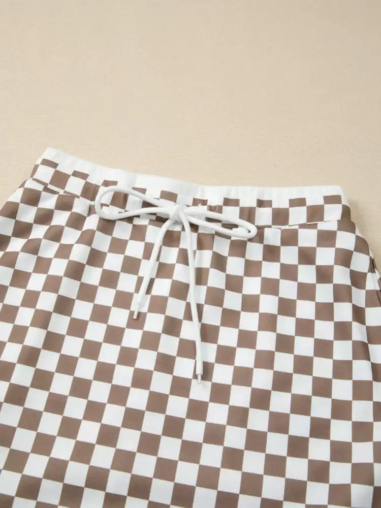 Checkered Print Polo Collar Cropped Long Sleeve Top and Drawstring Mini Skirt Set