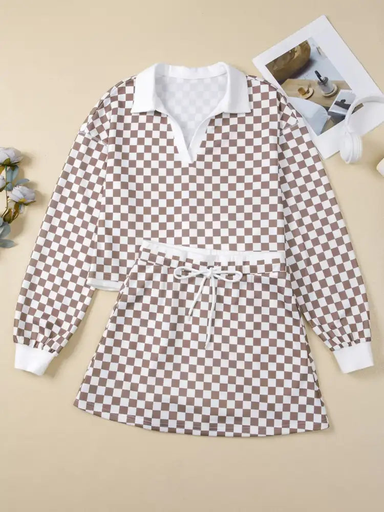 Checkered Print Polo Collar Cropped Long Sleeve Top and Drawstring Mini Skirt Set