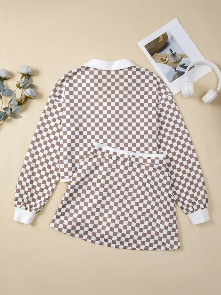 Checkered Print Polo Collar Cropped Long Sleeve Top and Drawstring Mini Skirt Set