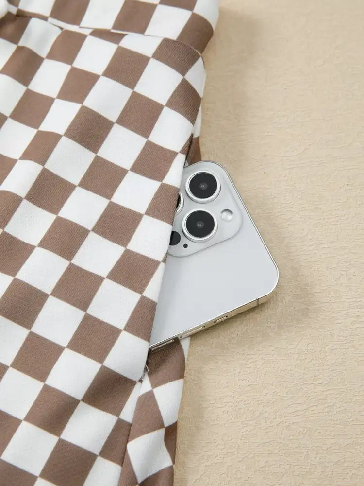 Checkered Print Polo Collar Cropped Long Sleeve Top and Drawstring Mini Skirt Set