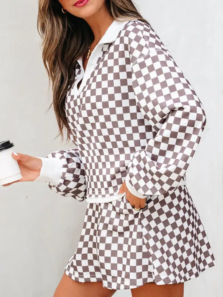 Checkered Print Polo Collar Cropped Long Sleeve Top and Drawstring Mini Skirt Set
