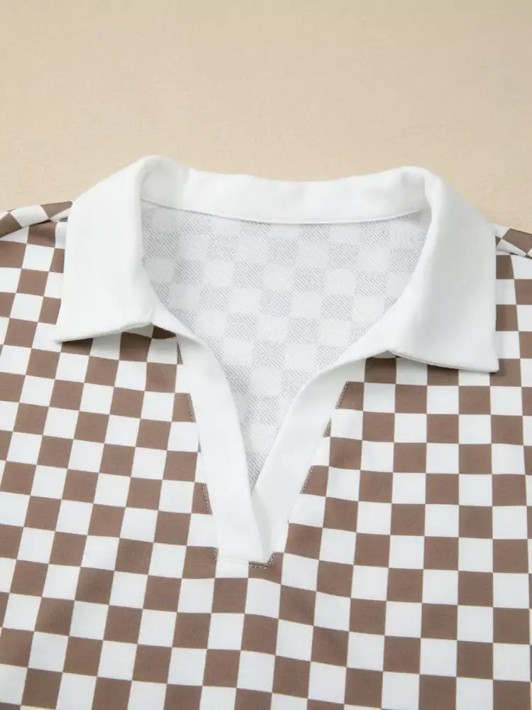 Checkered Print Polo Collar Cropped Long Sleeve Top and Drawstring Mini Skirt Set