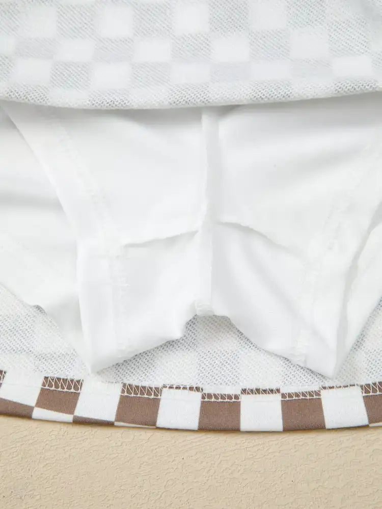 Checkered Print Polo Collar Cropped Long Sleeve Top and Drawstring Mini Skirt Set