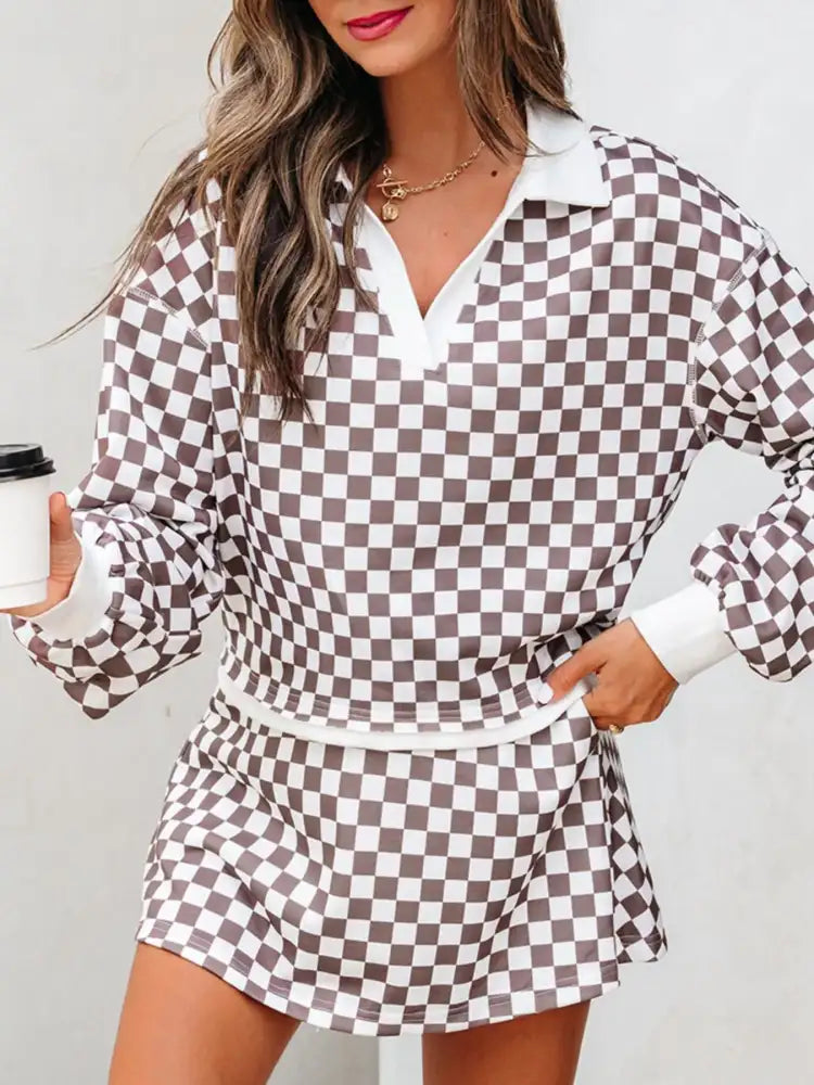 Checkered Print Polo Collar Cropped Long Sleeve Top and Drawstring Mini Skirt Set