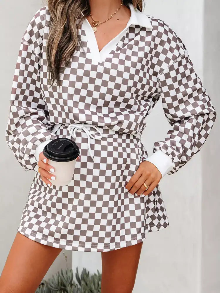 Checkered Print Polo Collar Cropped Long Sleeve Top and Drawstring Mini Skirt Set