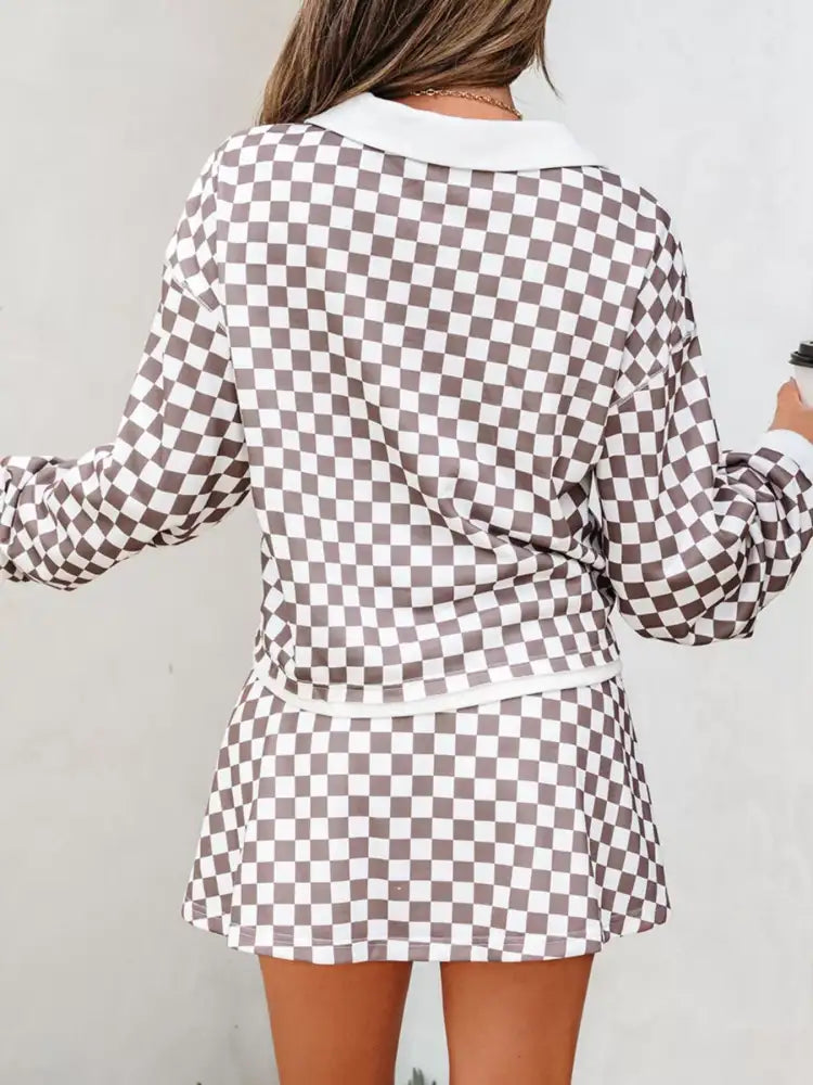 Checkered Print Polo Collar Cropped Long Sleeve Top and Drawstring Mini Skirt Set