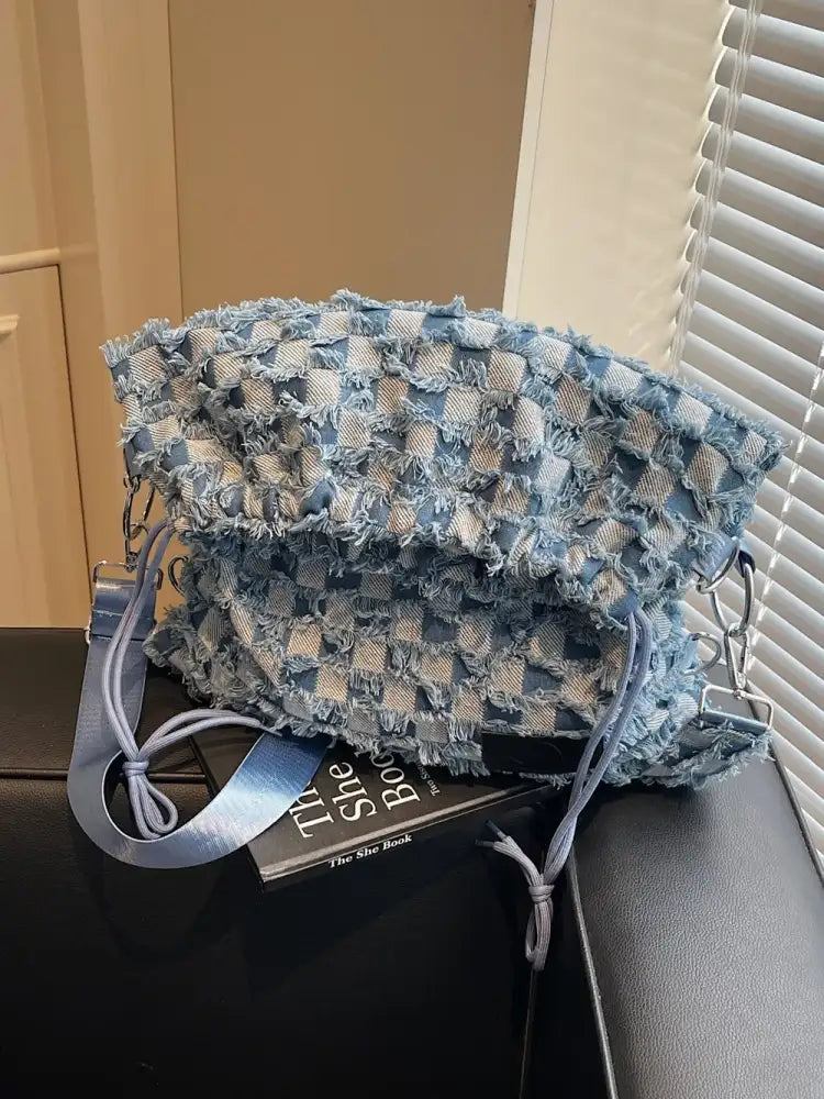 Checkered Raw Edge Adjustable Strap Convertible Bag