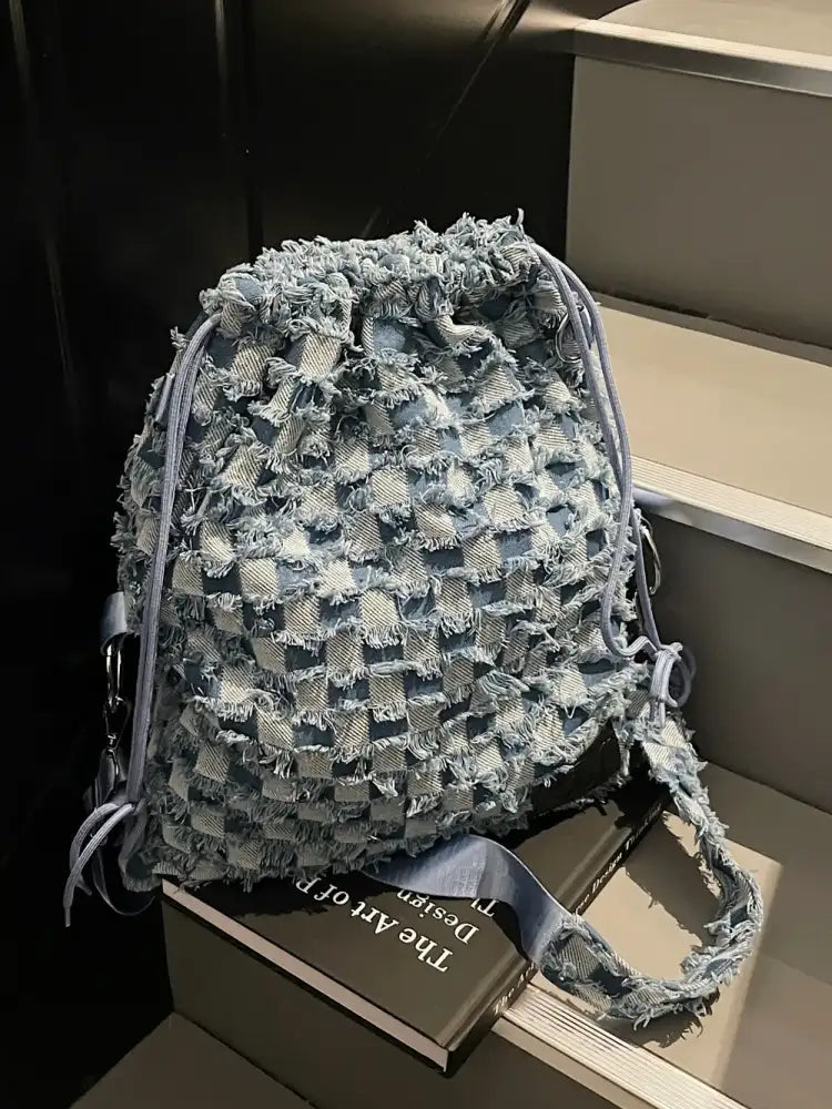 Checkered Raw Edge Adjustable Strap Convertible Bag