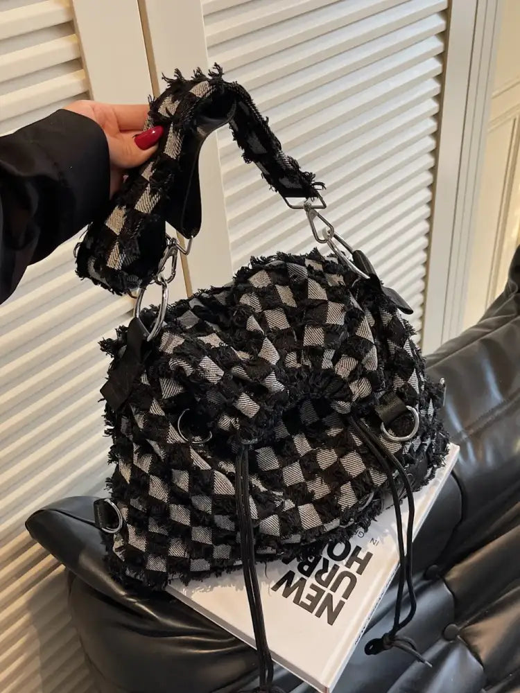 Checkered Raw Edge Adjustable Strap Convertible Bag