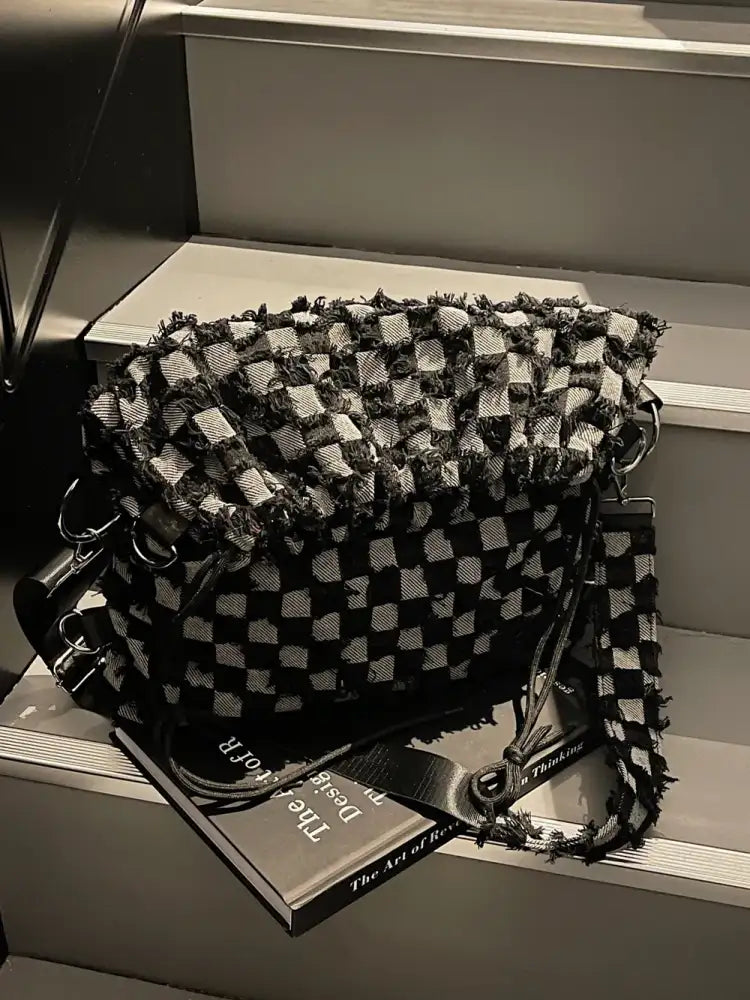 Checkered Raw Edge Adjustable Strap Convertible Bag