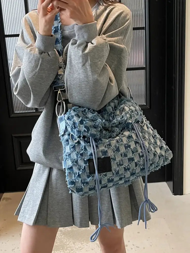 Checkered Raw Edge Adjustable Strap Convertible Bag