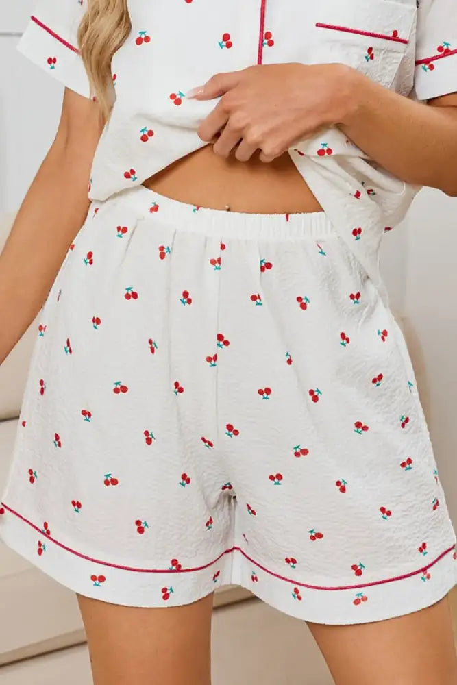 Cheery Print Collared Neck Top and Shorts Lounge Set