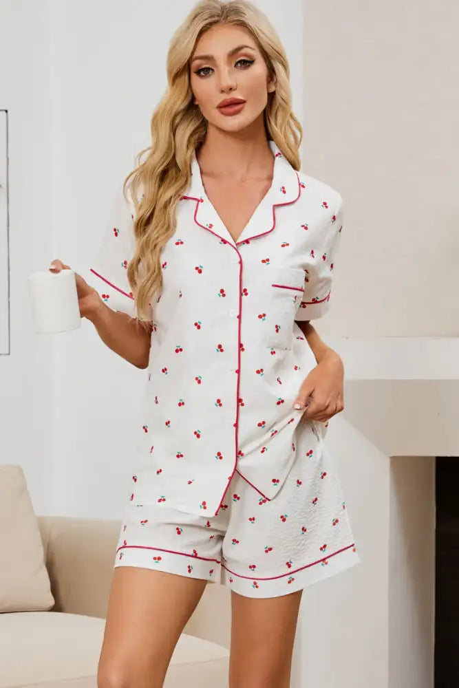 Cheery Print Collared Neck Top and Shorts Lounge Set