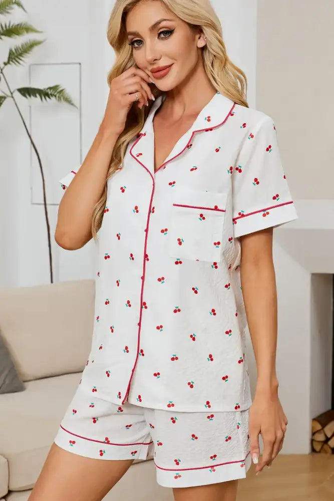 Cheery Print Collared Neck Top and Shorts Lounge Set