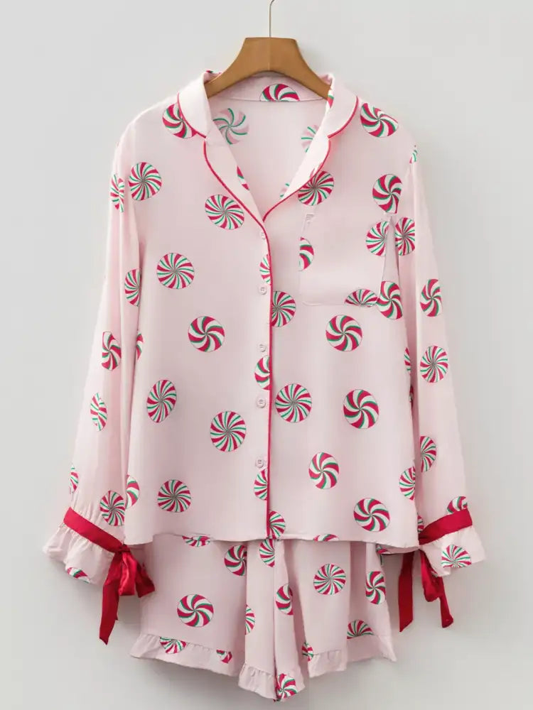 Christmas Candy Contrast Trim Bow Knot Top and Shorts 2pcs Pajama Set