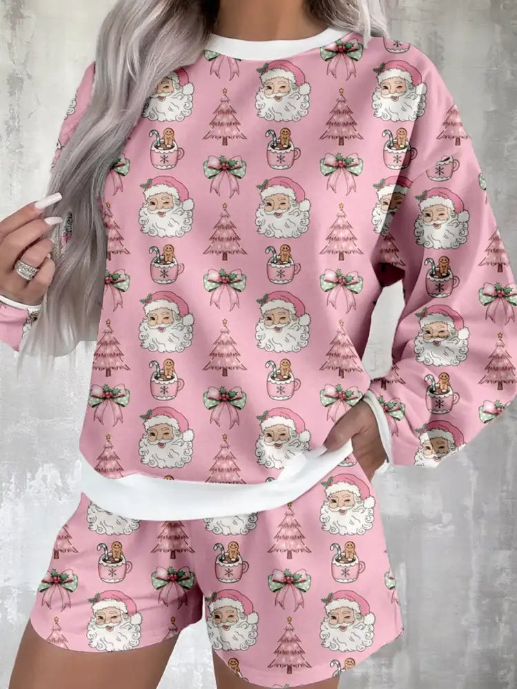 Christmas Santa Print Round Neck Top and Shorts Lounge Set
