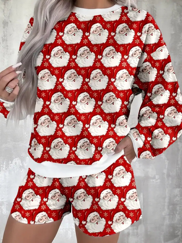 Christmas Santa Print Round Neck Top and Shorts Lounge Set