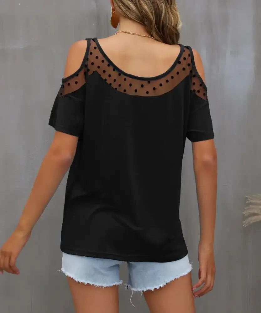 Cold Shoulder Mesh Polka Dot Top