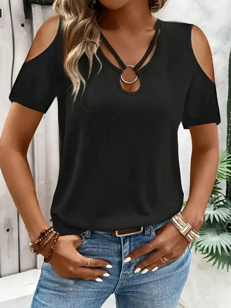 Cold Shoulder T-Shirt with Metal Ring Detail