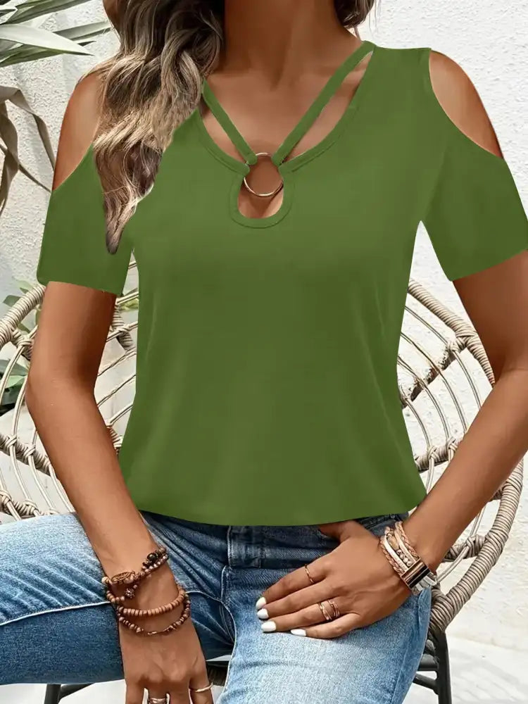 Cold Shoulder T-Shirt with Metal Ring Detail