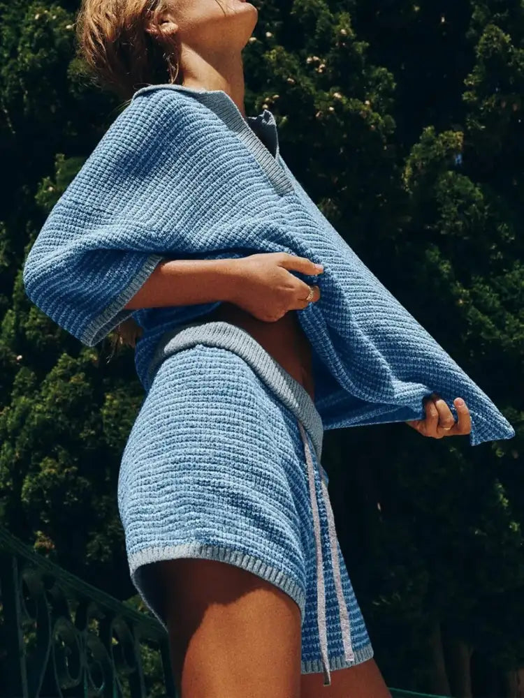 Collared Neck Contrast Striped Top and Shorts Sweater Set