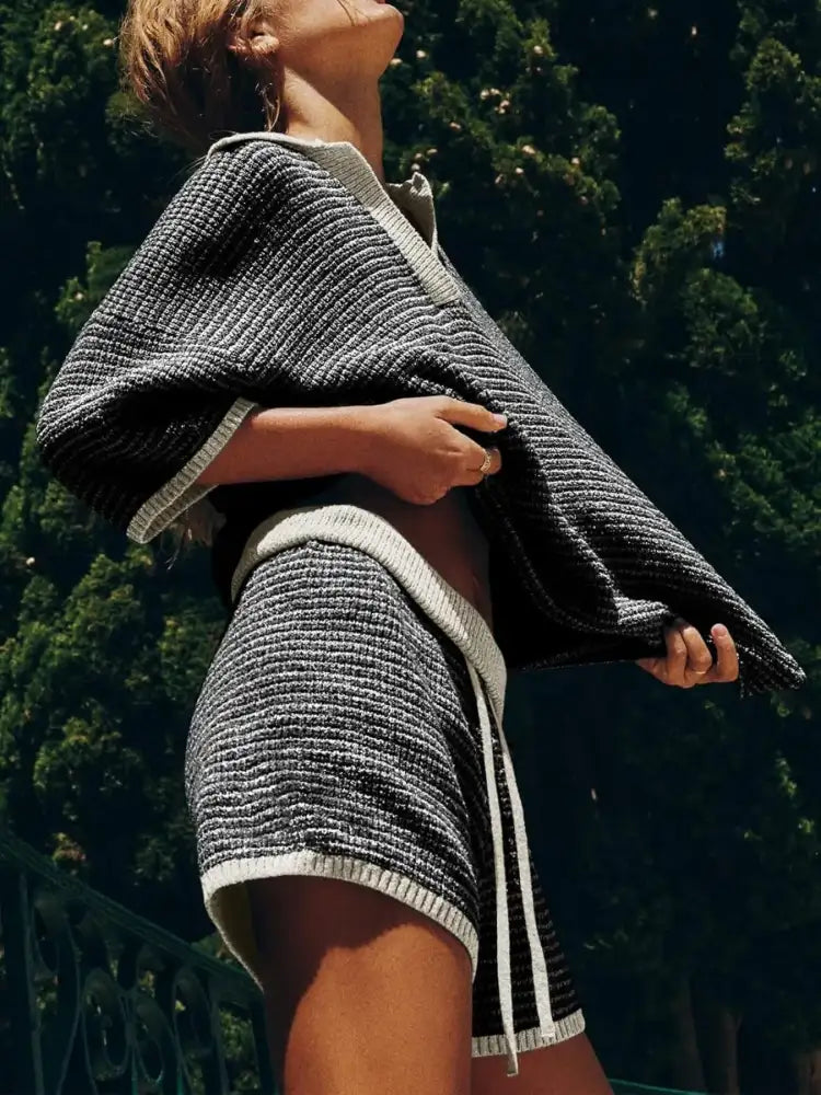 Collared Neck Contrast Striped Top and Shorts Sweater Set