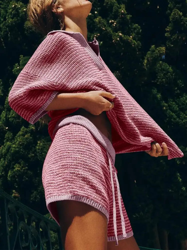 Collared Neck Contrast Striped Top and Shorts Sweater Set