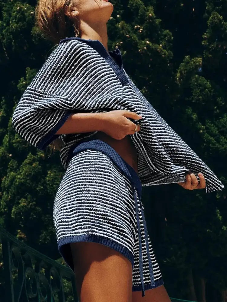 Collared Neck Contrast Striped Top and Shorts Sweater Set