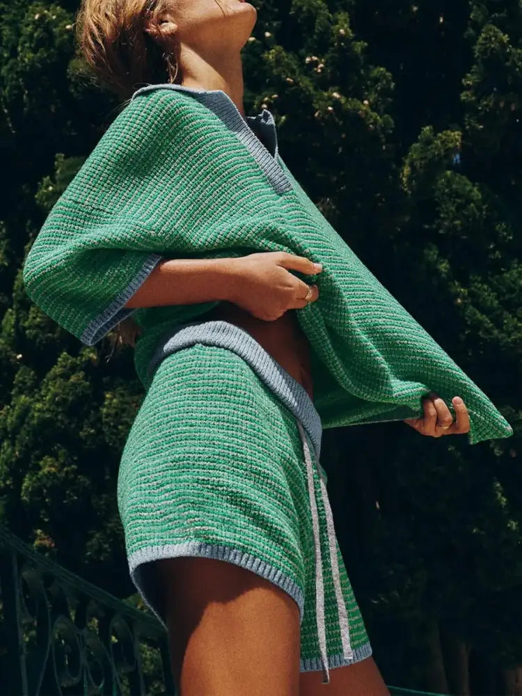 Collared Neck Contrast Striped Top and Shorts Sweater Set