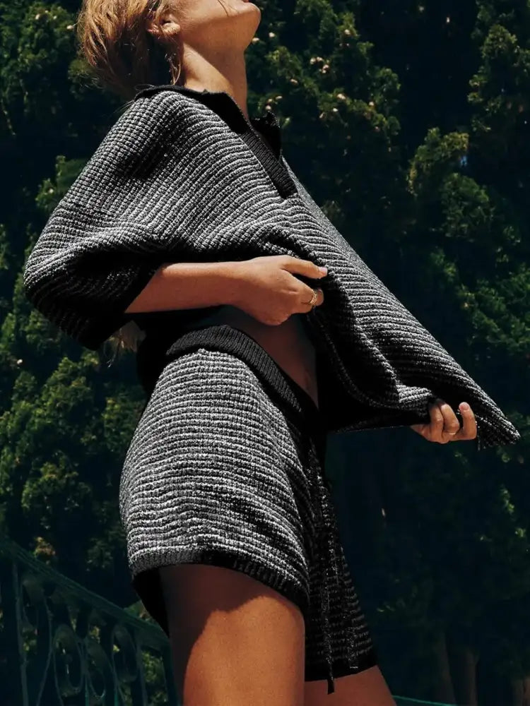 Collared Neck Contrast Striped Top and Shorts Sweater Set