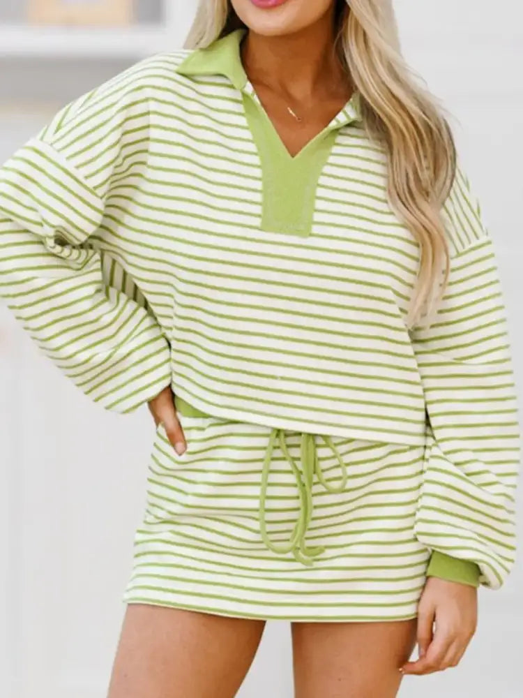 Collared Neck Striped Top and Drawstring Skirt Set