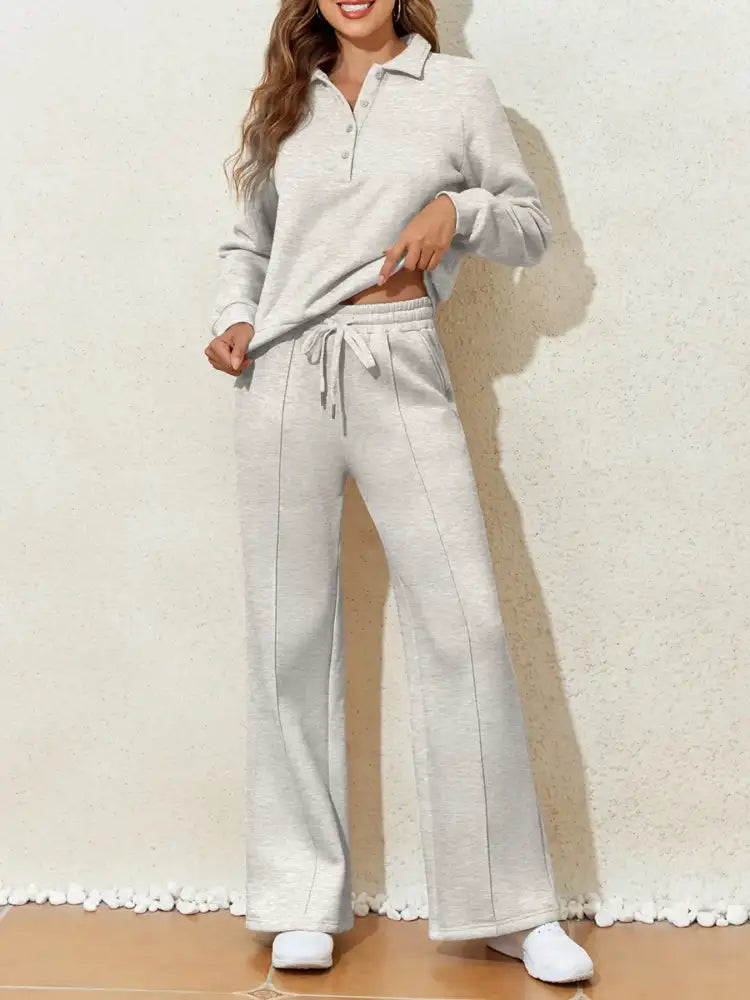 Collared Sweatshirt and High Waist Pants Active Set