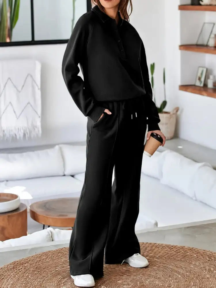 Collared Sweatshirt and High Waist Pants Active Set