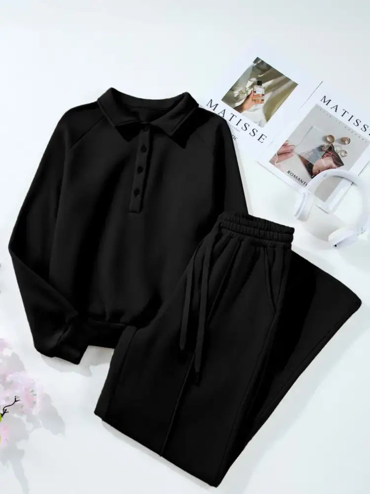 Collared Sweatshirt and High Waist Pants Active Set