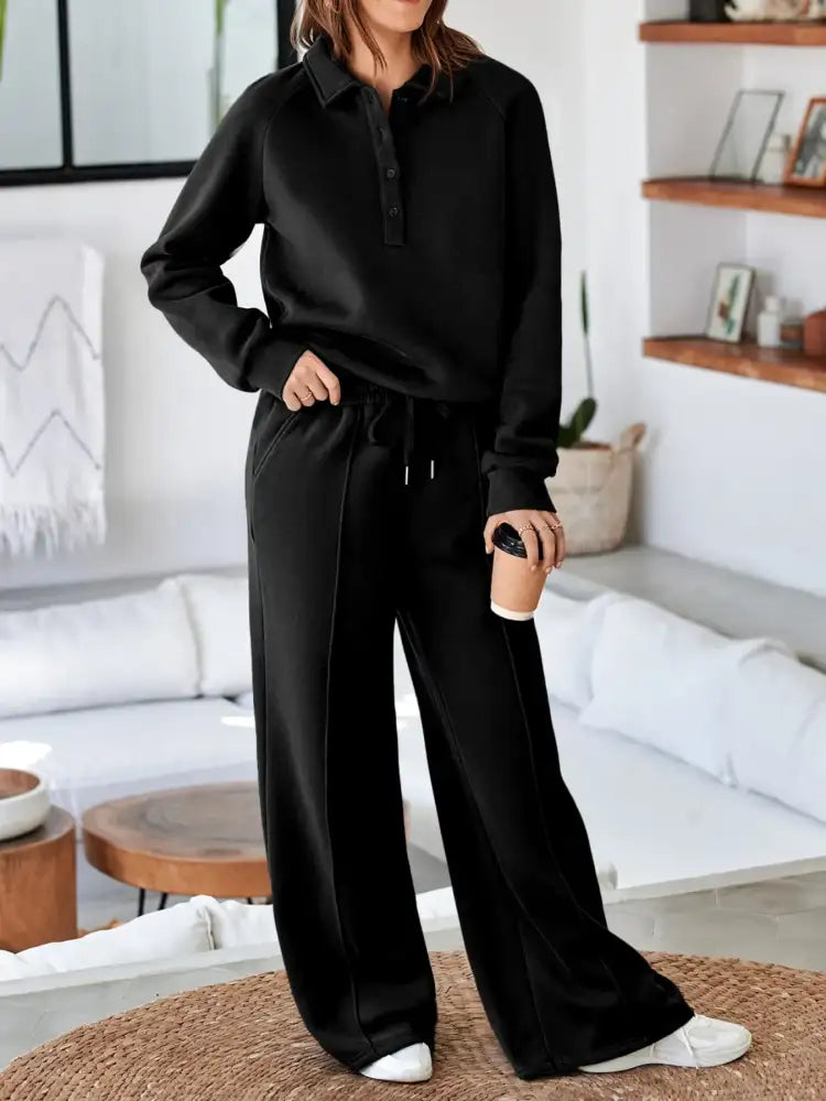 Collared Sweatshirt and High Waist Pants Active Set