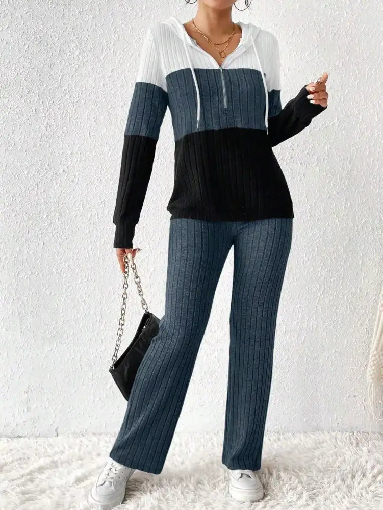 Color Block Half Zip Hooded Top and Pants Set