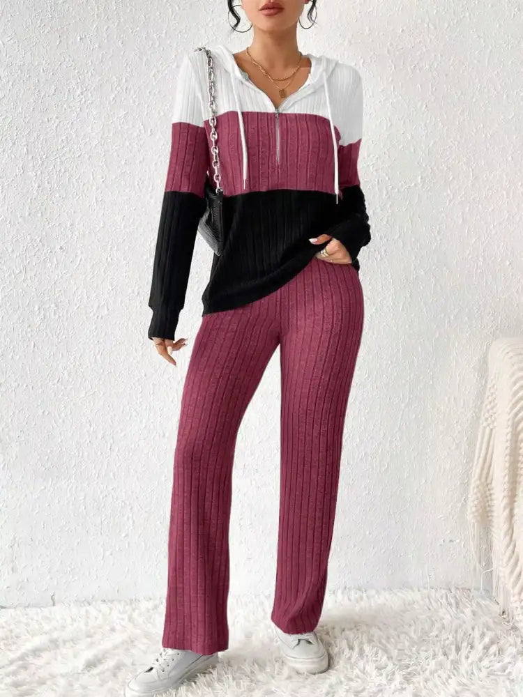 Color Block Half Zip Hooded Top and Pants Set
