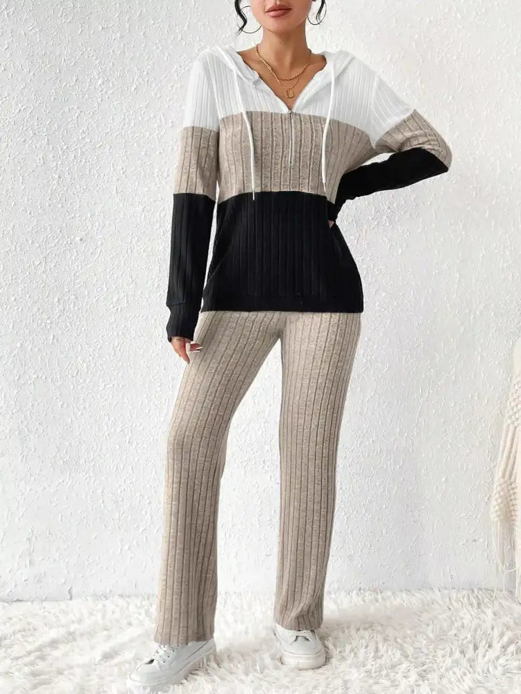 Color Block Half Zip Hooded Top and Pants Set