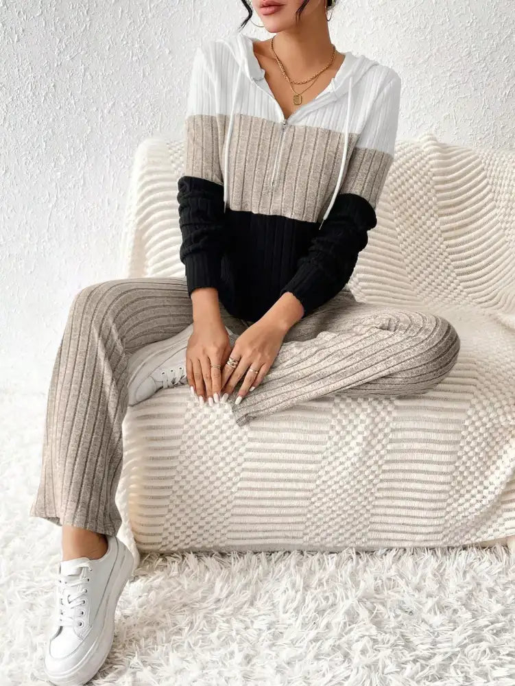 Color Block Half Zip Hooded Top and Pants Set