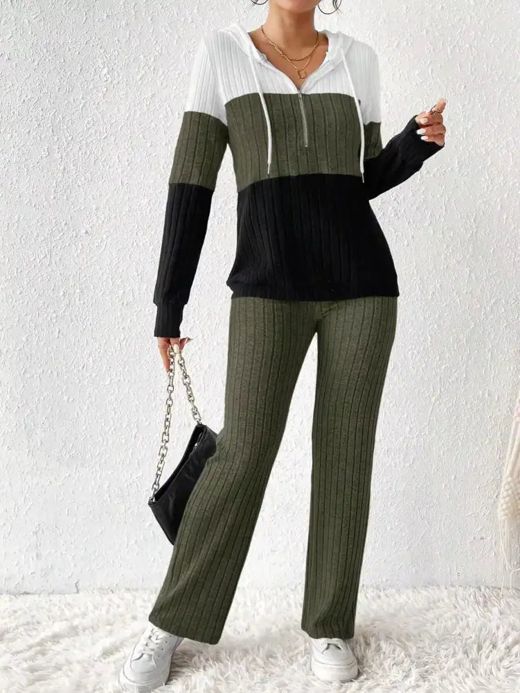 Color Block Half Zip Hooded Top and Pants Set