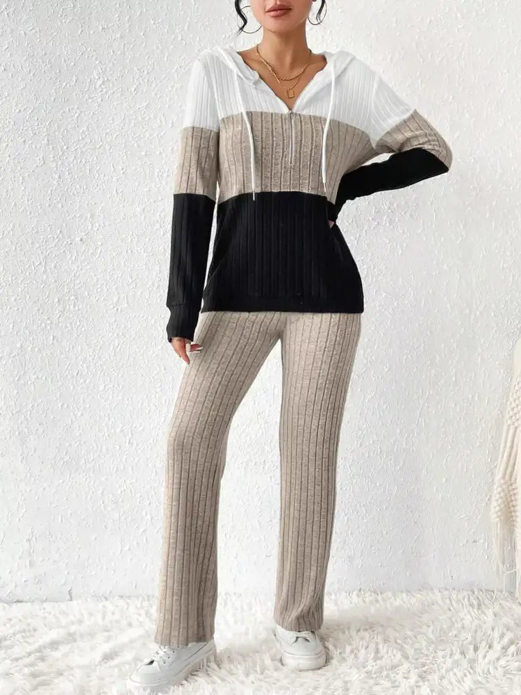 Color Block Half Zip Hooded Top and Pants Set