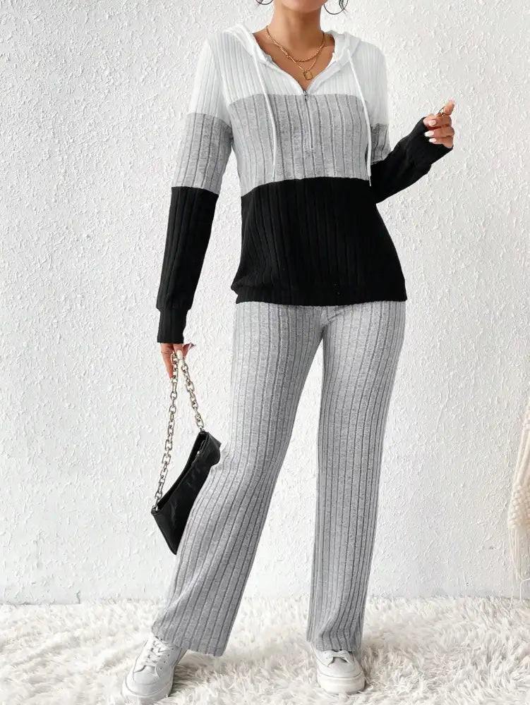 Color Block Half Zip Hooded Top and Pants Set