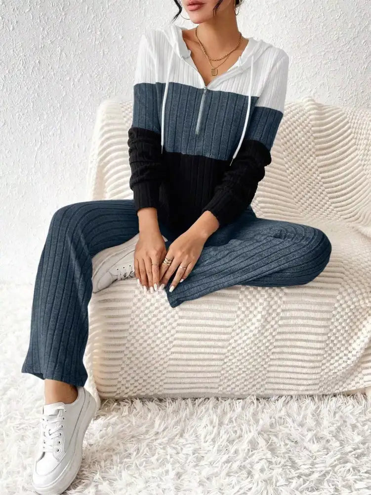 Color Block Half Zip Hooded Top and Pants Set