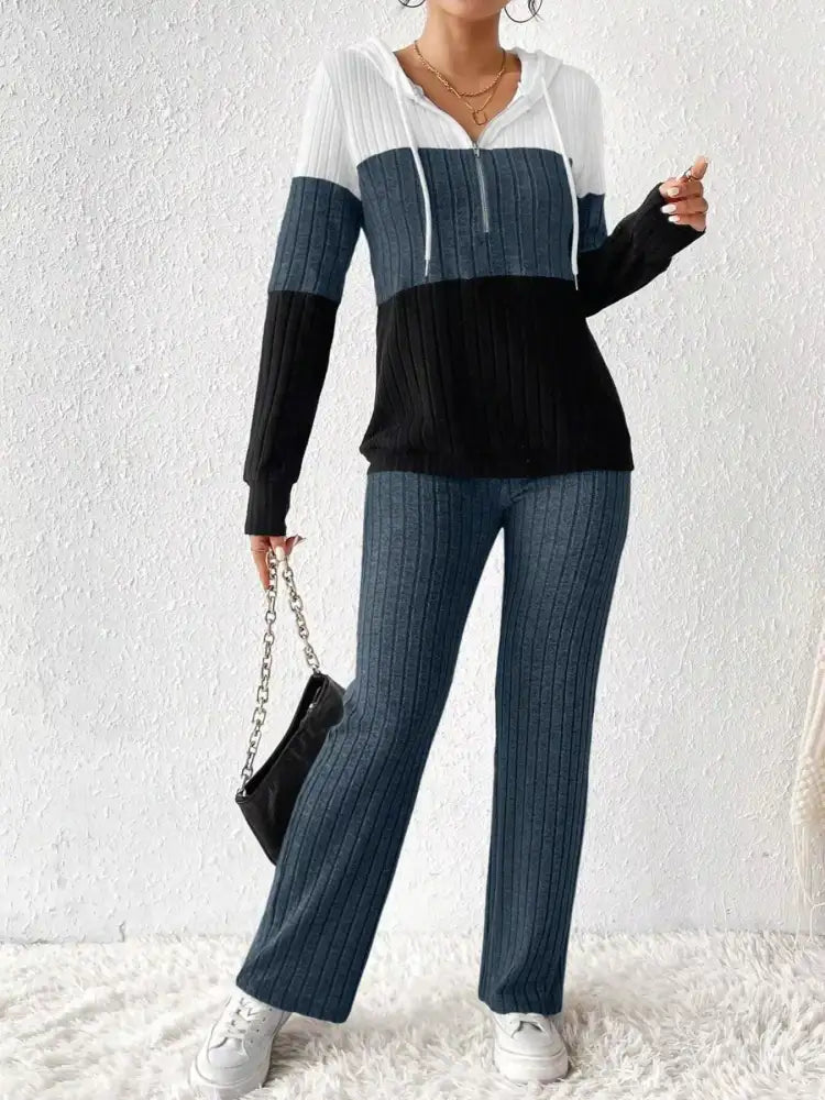 Color Block Half Zip Hooded Top and Pants Set