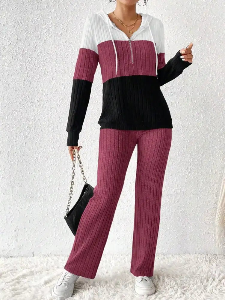 Color Block Half Zip Hooded Top and Pants Set