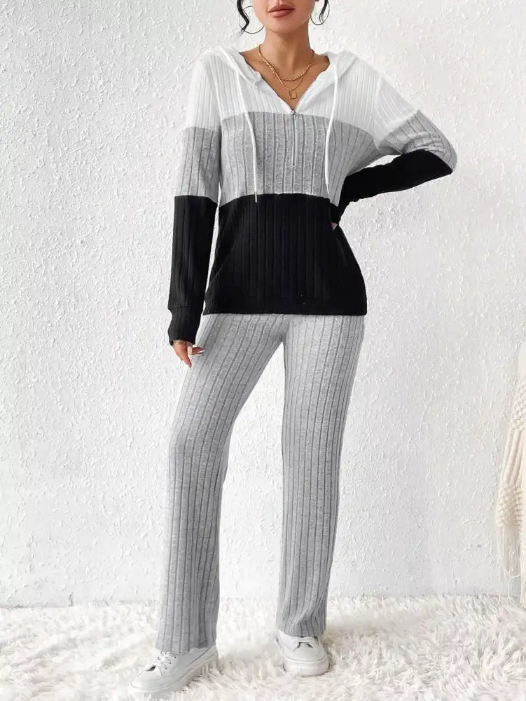 Color Block Half Zip Hooded Top and Pants Set