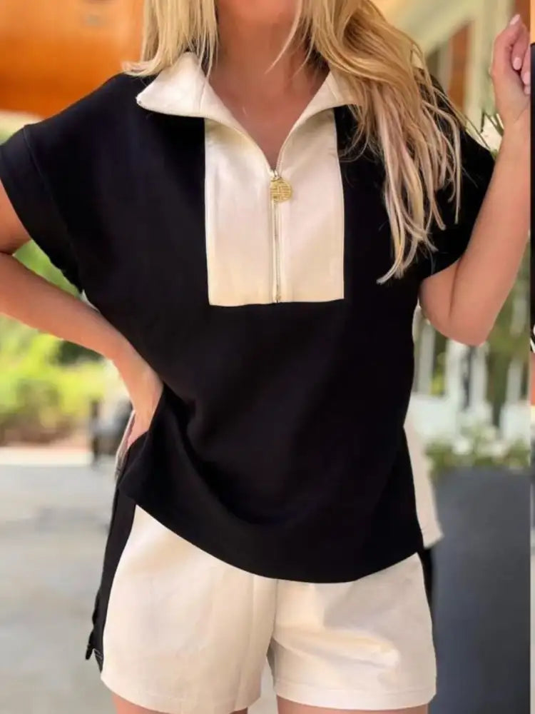 Color Block Half Zip Top and Shorts Two-Piece Set