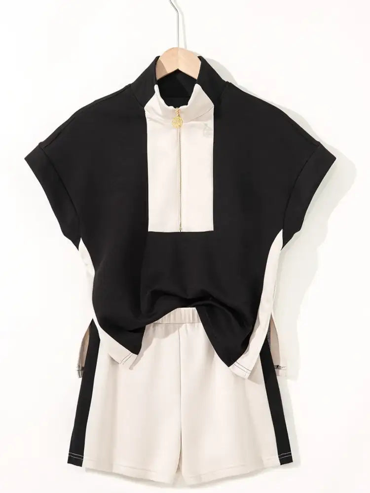 Color Block Half Zip Top and Shorts Two-Piece Set