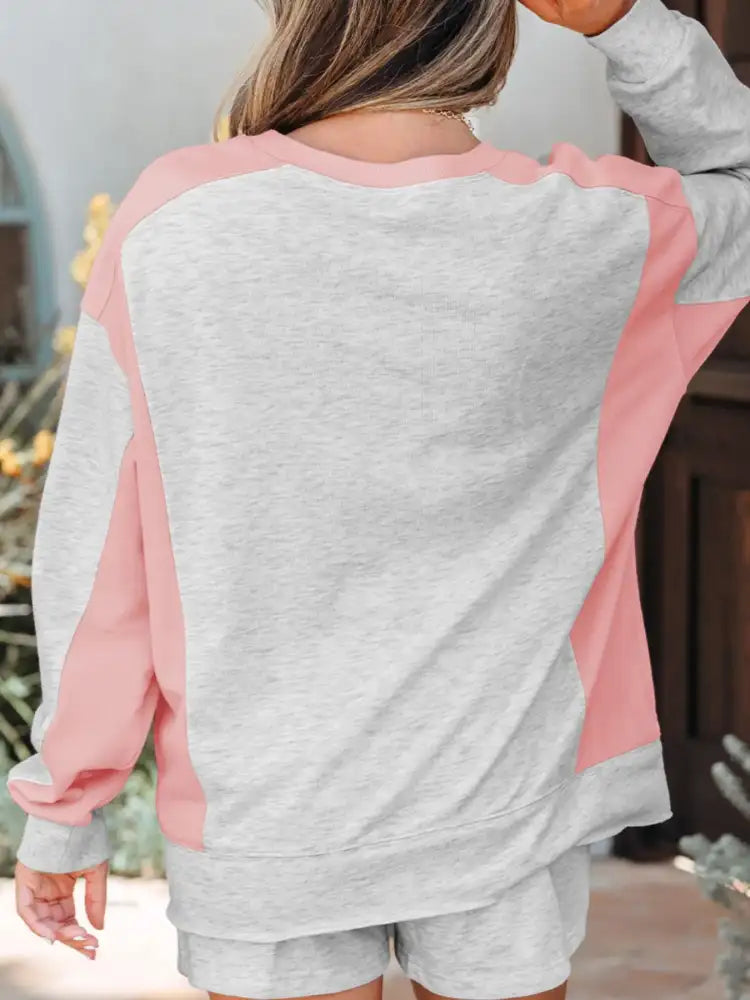 Color Block Long Sleeve Sweatshirt and Shorts Set