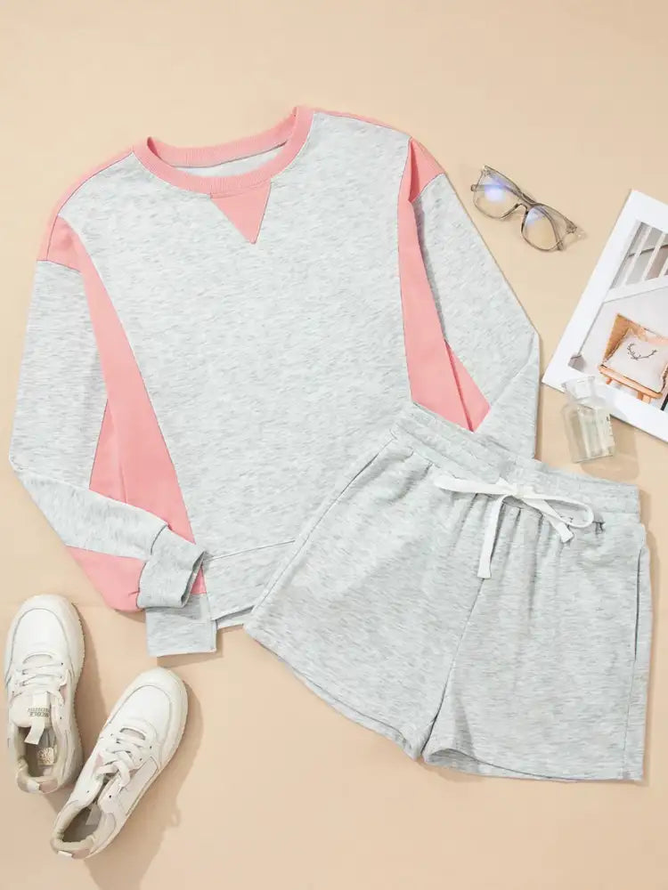 Color Block Long Sleeve Sweatshirt and Shorts Set